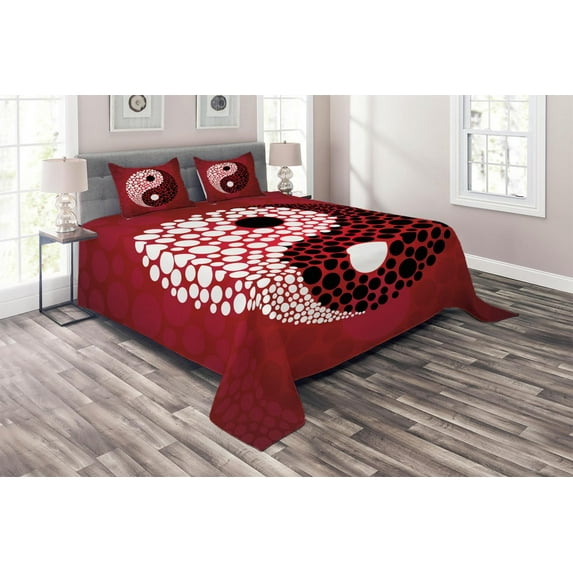 Ambesonne Ying Yang Quilted Coverlet 3 Pcs, Abstract Cosmos Sign, Queen Size, Red