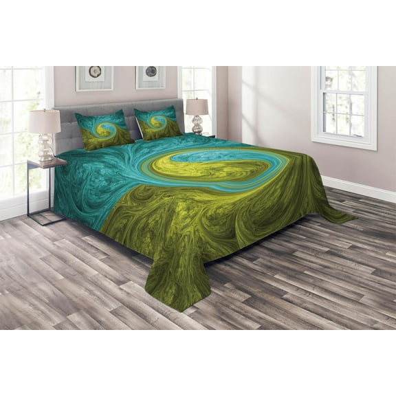 Ambesonne Ying Yang Quilted Coverlet 3 Pcs, Eastern Circle Ethnic Art, Queen Size, Khaki Teal