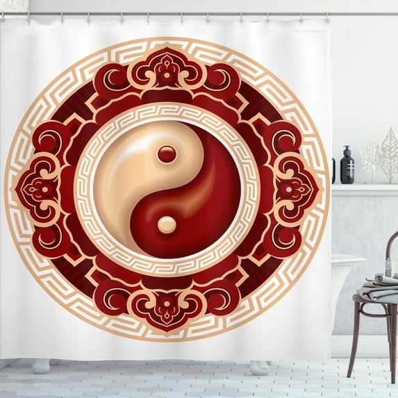 Ambesonne Ying Yang Shower Curtain, Traditional Cultural, 69"Wx75"L, Maroon Cream White