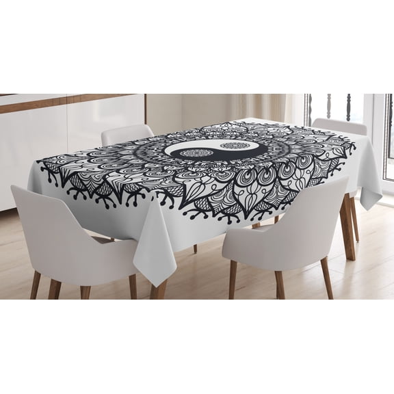 Ambesonne Ying Yang Tablecloth Rectangular Table Cover, Bohemian Mendi Art, 52"x70", Charcoal Grey White
