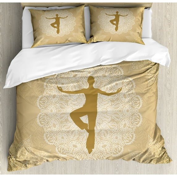 Ambesonne Yoga Duvet Cover Sets, Mandala Man Posture, 2-King, Sand Brown and White