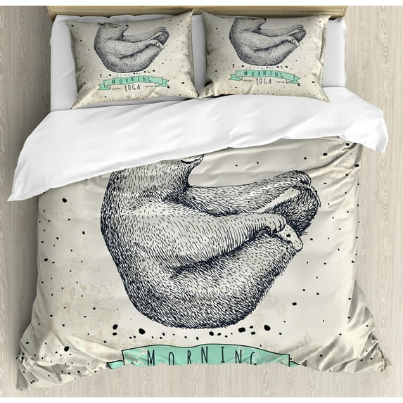 Ambesonne Yoga Duvet Cover Sets, Meditating Bear Calm Life, 2-Queen, Cream Black Green