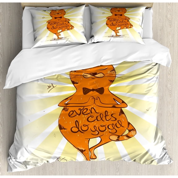 Ambesonne Yoga Duvet Cover Sets, Peaceful Cat with Phrase, 2-King, Orange Yellow Brown