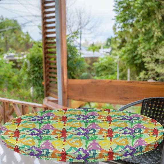 Ambesonne Yoga Fitted Round Tablecloth, Colorful Poses Eastern Asia, 56"- 60" Diameter, Multicolor