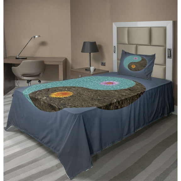 Ambesonne Yoga Fitted & Top Sheet Set with Sham, Yin Yang Flower Teal Brown, Slate Blue Turquoise