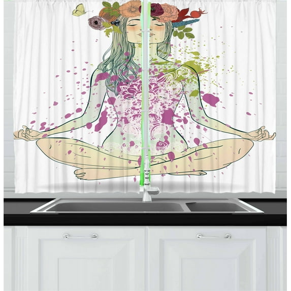Ambesonne Yoga Kitchen Curtains, Girl Floral Wreath Lotus, 55"x39", Multicolor