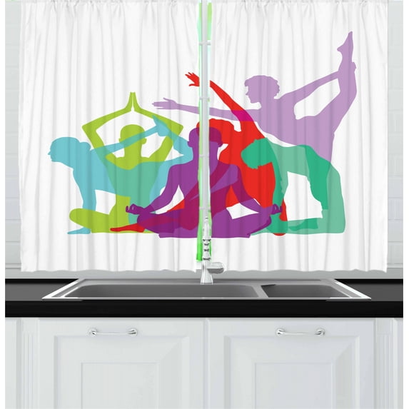 Ambesonne Yoga Kitchen Curtains, Poses Female Silhouettes, 55"x39", Multicolor