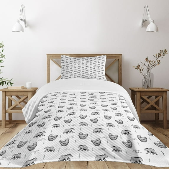 Ambesonne Yoga Quilted Bedspread Set 2 Pcs, Bears Meditating Posture, Twin Size, Black White