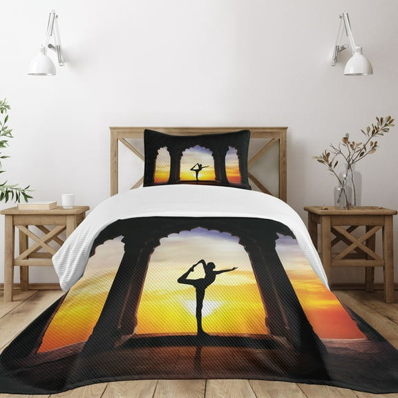 Ambesonne Yoga Quilted Bedspread Set 2 Pcs, Man in Old Building, Twin Size, Multicolor