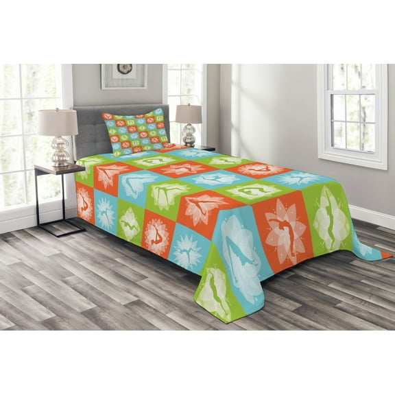 Ambesonne Yoga Quilted Bedspread Set 2 Pcs, Mind and Body Poses Lotus, Twin Size, Orange Green Sky Blue