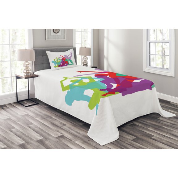 Ambesonne Yoga Quilted Bedspread Set 2 Pcs, Poses Female Silhouettes, Twin Size, Multicolor