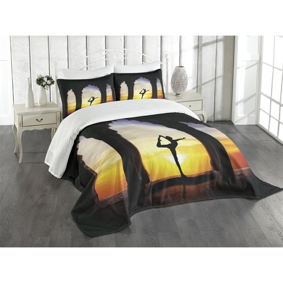 Ambesonne Yoga Quilted Bedspread Set 3 Pcs, Man in Old Building, Queen Size, Multicolor