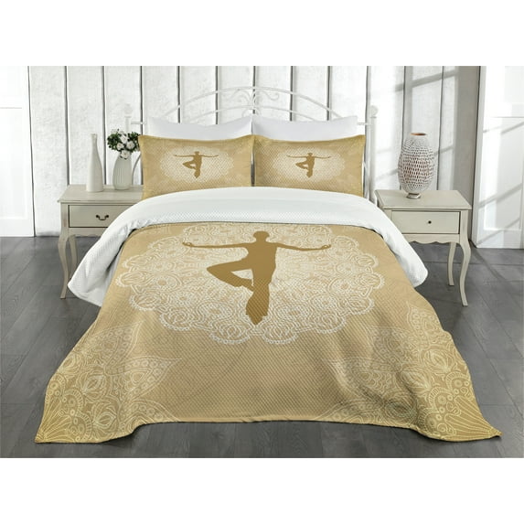 Ambesonne Yoga Quilted Bedspread Set 3 Pcs, Mandala Man Posture, King Size, Sand Brown and White
