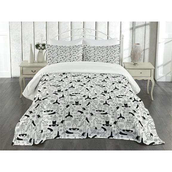 Ambesonne Yoga Quilted Bedspread Set 3 Pcs, Monochrome, Queen Size, Black White