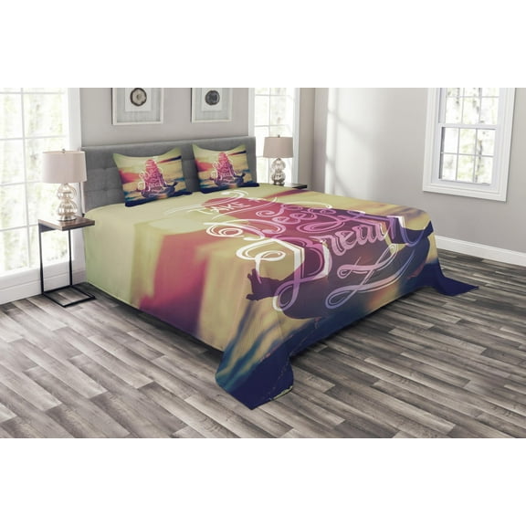 Ambesonne Yoga Quilted Bedspread Set 3 Pcs, Woman Calm Sunset Beach, King Size, Multicolor
