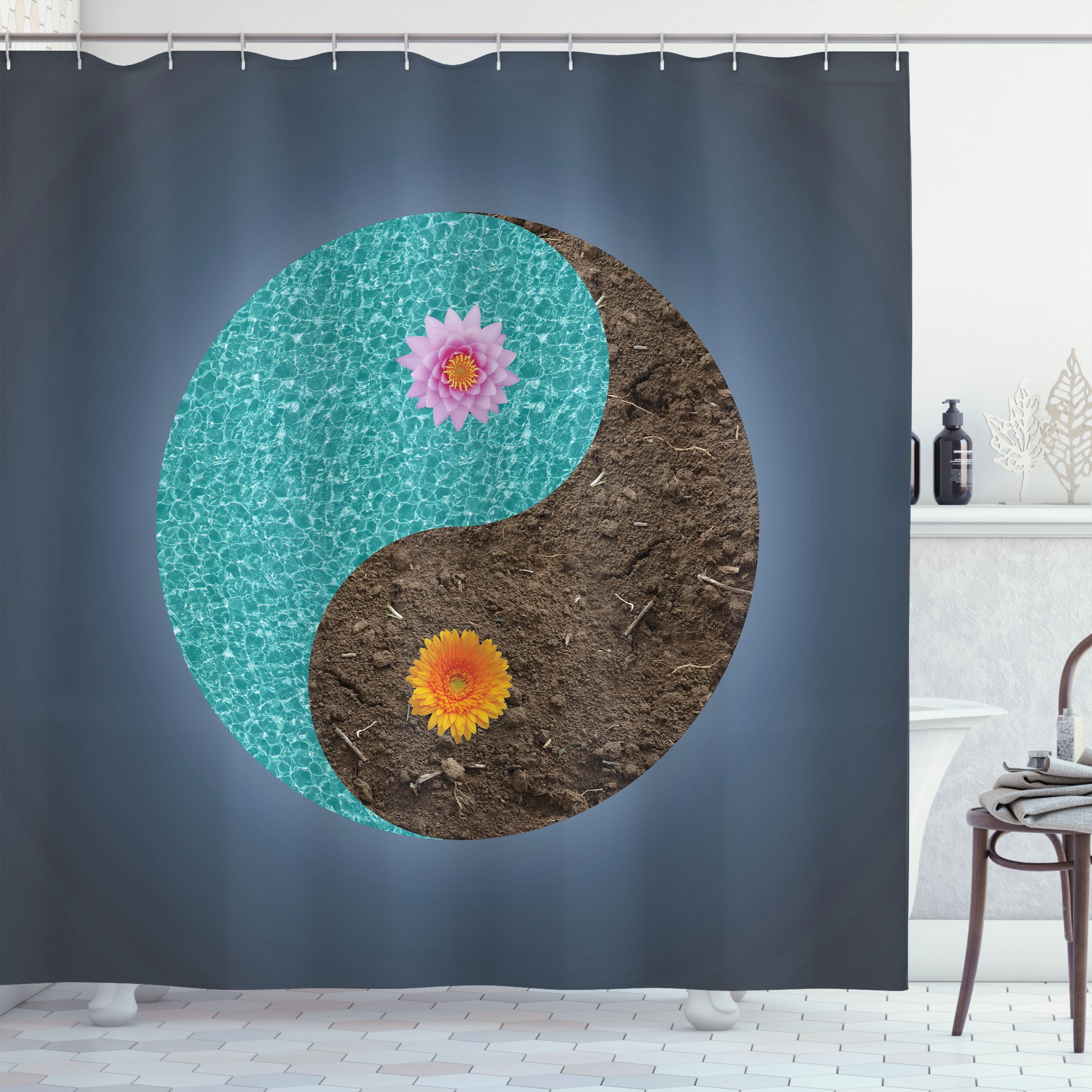 Ambesonne Yoga Shower Curtain, Yin Yang Flower Teal Brown, 69"Wx70"L