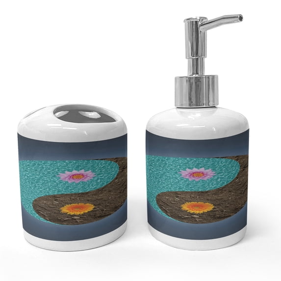 Ambesonne Yoga Soap Dispenser & Toothbrush Holder Set, Yin Yang Flower Teal Brown, 2 Pcs, Slate Blue Turquoise