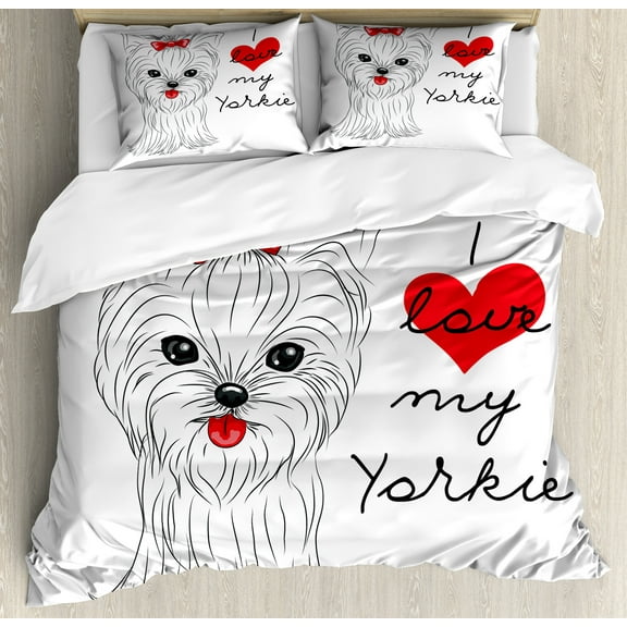 Ambesonne Yorkie Duvet Cover Set, I Love My Yorkie Terrier, Queen, Black White Red