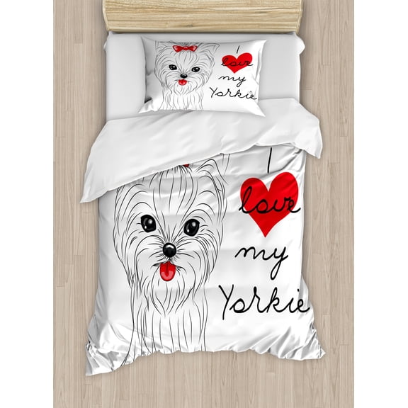 Ambesonne Yorkie Duvet Cover Sets, I Love My Yorkie Terrier, 2-Twin, Black White Red