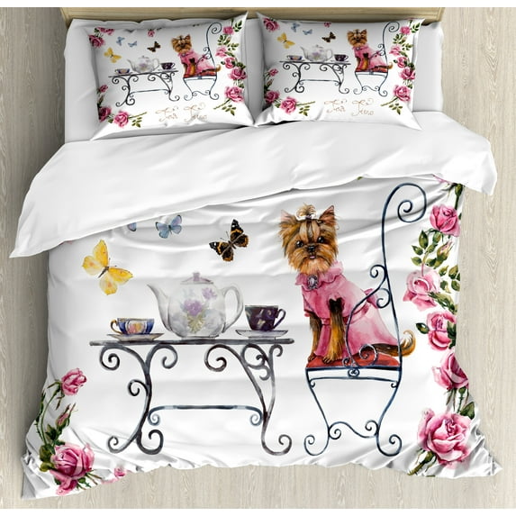Ambesonne Yorkie Duvet Cover Sets, Terrier in Pink Dress, 2-King, Pale Pink White