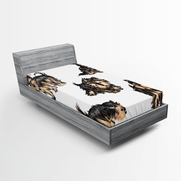 Ambesonne Yorkie Fitted Sheet 2 Pcs Set, Terrier Cartoon, Twin, Pale Coffee Black