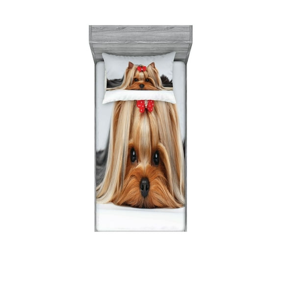 Ambesonne Yorkie Fitted Sheet & Pillow Sham Set, Lying Dog Ribbon Love, Twinxl, Pale Caramel Sand Brown