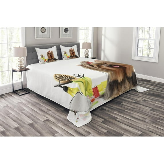Ambesonne Yorkie Quilted Bedspread Set 3 Pcs, Hairstyle Puppy, King Size, Dark Brown Multicolor