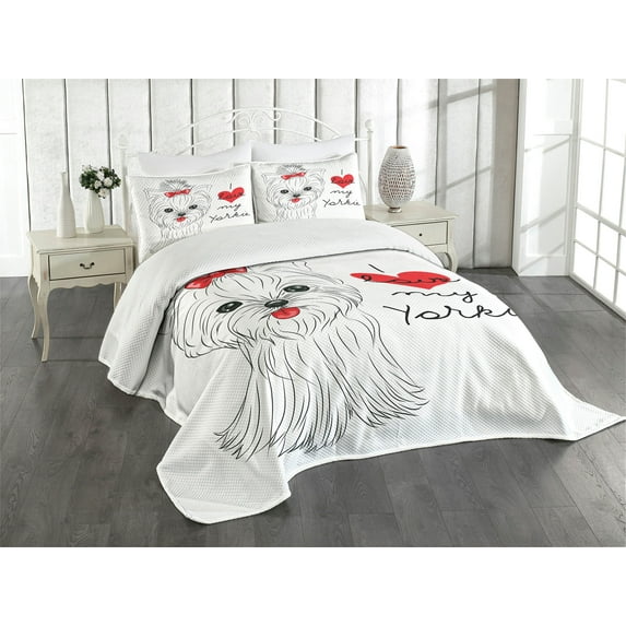 Ambesonne Yorkie Quilted Bedspread Set 3 Pcs, I Love My Yorkie Terrier, King Size, Black White Red