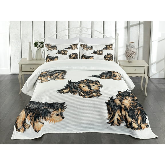 Ambesonne Yorkie Quilted Bedspread Set 3 Pcs, Terrier Cartoon, King Size, Pale Coffee Black