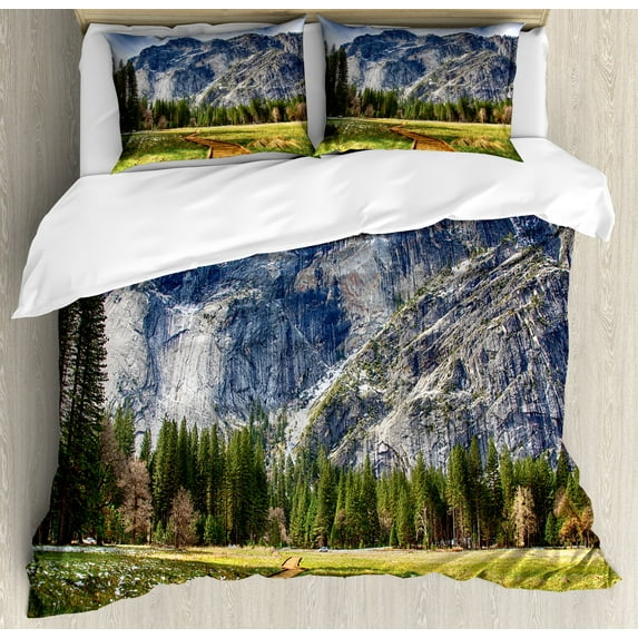Ambesonne Yosemite Duvet Cover Set, North Dome Valley Park, 2-Calking, Green Charcoal