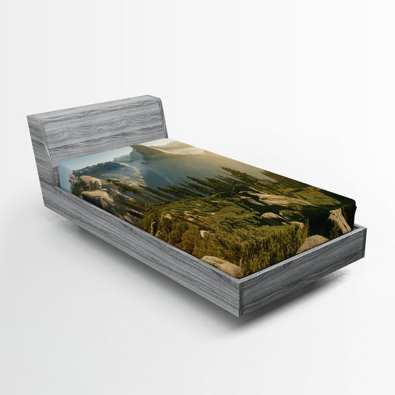 Ambesonne Yosemite Fitted Sheet, Morning Dome Sunrise, Twin XL Size, Green Beige