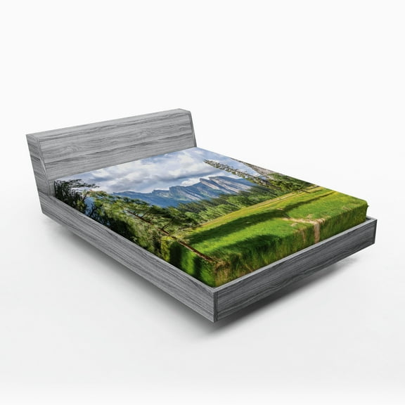 Ambesonne Yosemite Fitted Sheet, Nature Valley Meadow, Queen Size, Grey Green