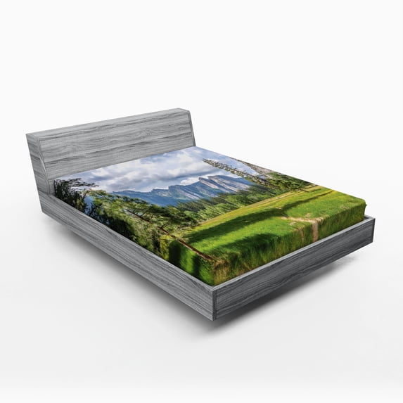 Ambesonne Yosemite Fitted Sheet, Nature Valley Meadow, Queen Size, Grey Green