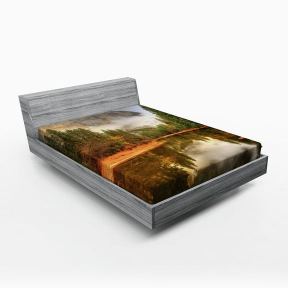 Ambesonne Yosemite Fitted Sheet, River in Morning View, Queen Size, Green
