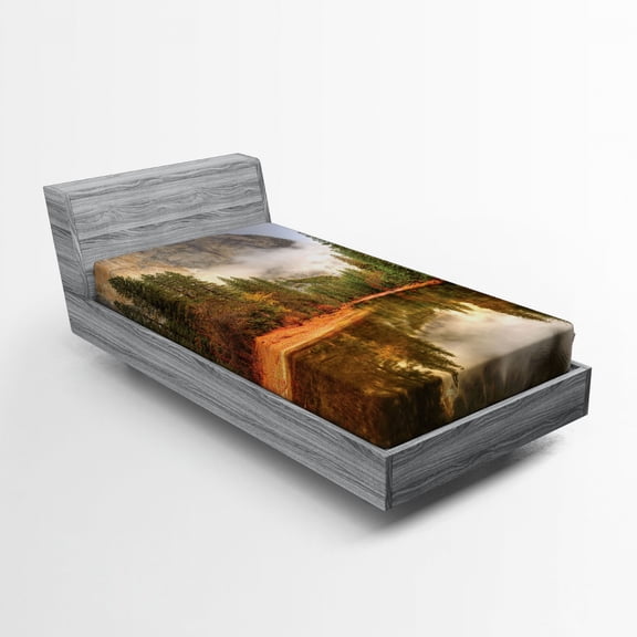 Ambesonne Yosemite Fitted Sheet, River in Morning View, Twin Size, Green