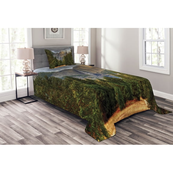 Ambesonne Yosemite Quilted Bedspread Set 2 Pcs, Yosemite Park Autumn, Twin Size, Green Grey