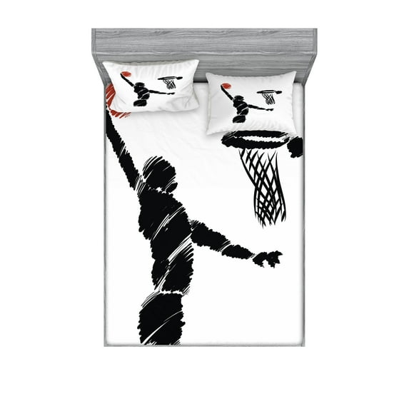 Ambesonne Youth Fitted Sheet & Pillow Sham Set, Basketball Player Art, Calking, Cinnamon Black White