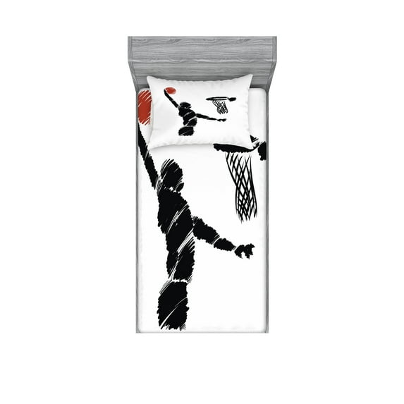 Ambesonne Youth Fitted Sheet & Pillow Sham Set, Basketball Player Art, Twin, Cinnamon Black White