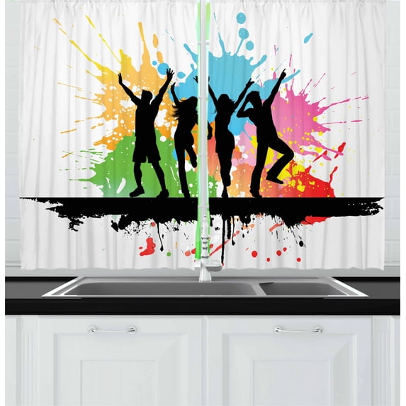 Ambesonne Youth Kitchen Curtains, Dance Party People Colors, 55"x39", Multicolor