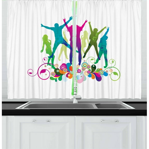Ambesonne Youth Kitchen Curtains, Teen Dance Floral Vivid, 55"x39", Multicolor
