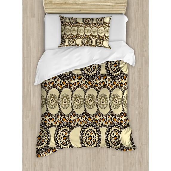 Ambesonne Zambia Duvet Cover Sets, Folk Jungle Animal Boho, 2-Twin, Dark Brown Orange and Cream