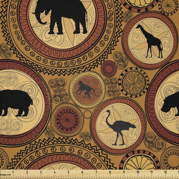 Ambesonne Zambia Fabric by the Yard Microfiber, African Animals Ethnic Style, 10 Yards, Cinnamon Ginger and Black