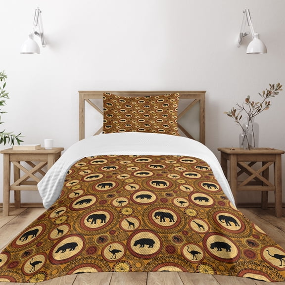 Ambesonne Zambia Quilted Bedspread Set 2 Pcs, African Animals Ethnic Style, Twin Size, Cinnamon Ginger and Black