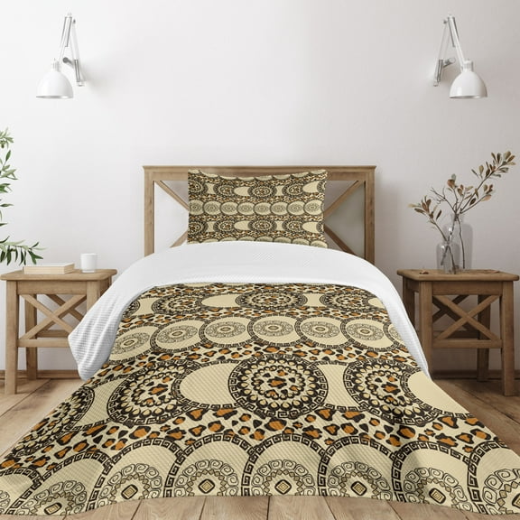 Ambesonne Zambia Quilted Bedspread Set 2 Pcs, Folk Jungle Animal Boho, Twin Size, Dark Brown Orange and Cream