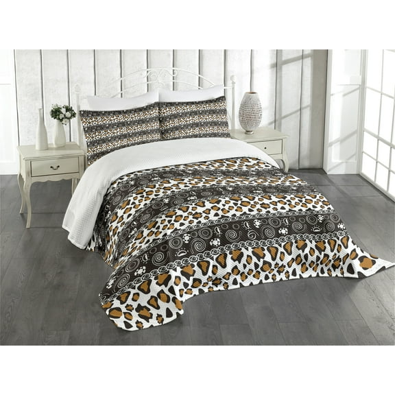 Ambesonne Zambia Quilted Bedspread Set 3 Pcs, Cheetah Pattern, Queen Size, Dark Brown Orange and White