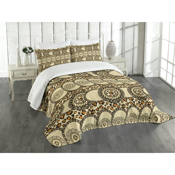 Ambesonne Zambia Quilted Bedspread Set 3 Pcs, Folk Jungle Animal Boho, King Size, Dark Brown Orange and Cream