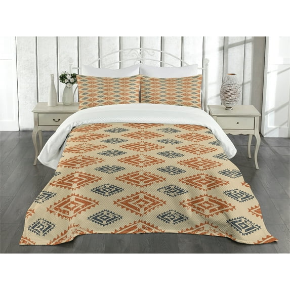 Ambesonne Zambia Quilted Bedspread Set 3 Pcs, Folk Retro Style, Queen Size, Sand Orange Dark Blue