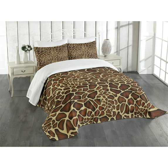 Ambesonne Zambia Quilted Bedspread Set 3 Pcs, Giraffe Skin Pattern, King Size, Redwood Pale Yellow