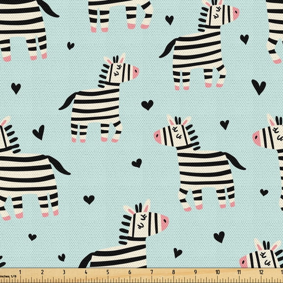 Ambesonne Zebra Fabric by the Yard Upholstery, Animal and Tiny Hearts, 1 Yard, Seafoam Pale Yellow