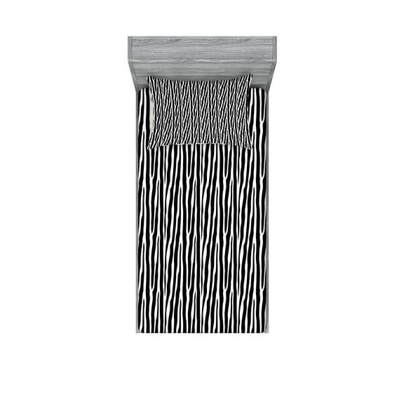 Ambesonne Zebra Print Fitted Sheet & Pillow Sham Set, Simplistic Exotic Skin, Twin, Charcoal Grey and White